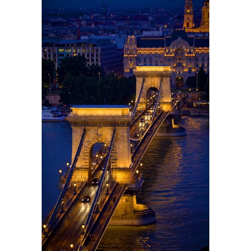 Hungary, Budapest Chain Bridge lit at night